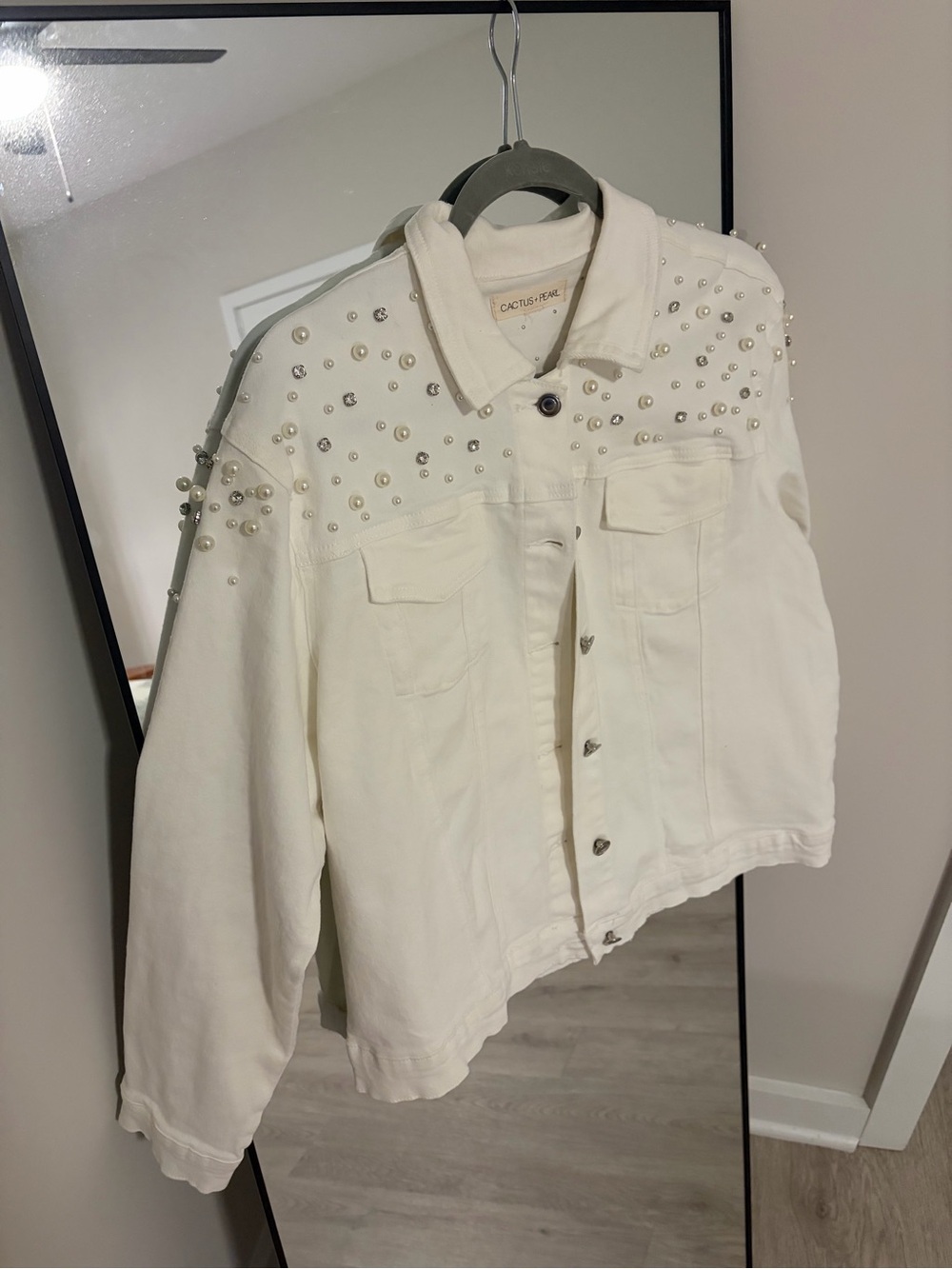 White Denim Jacket with Pearls and Diamond Studs